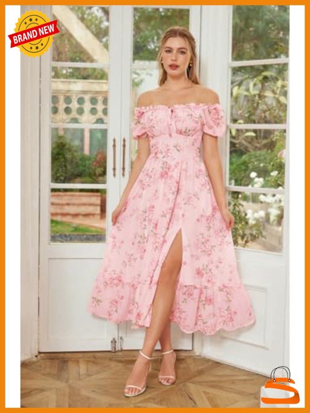 Floral Corset Dress Flowy A-line Midi Puff Sleeve Square Neck Side Pockets - Picture 2 of 6